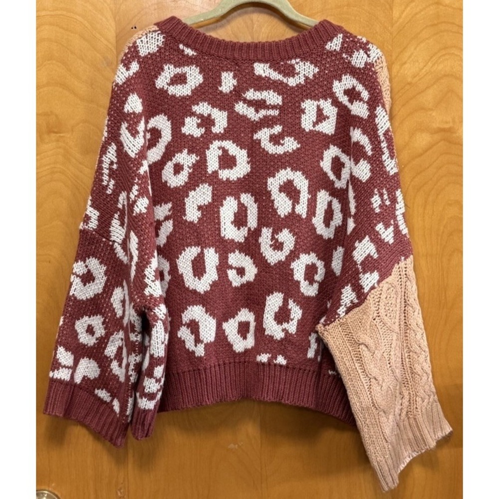 POL Leopard Cable Knit Deep V Neck Chunky Oversized Knit Sweeter Boxy Sz L - Picture 3 of 13